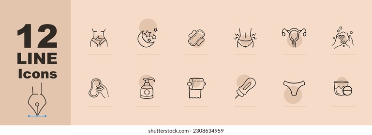 Menstruation icon set. Period products, menstrual cycle, cramps, pads, tampons, menstrual cup. Pain relief concept. Pastel color background. Vector line icon for Business