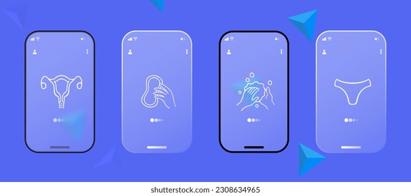 Menstruation icon set. Period products, menstrual cycle, cramps, pads, tampons, menstrual cup. Pain relief concept. Glassmorphism. UI phone app screen. Vector line icon for Business