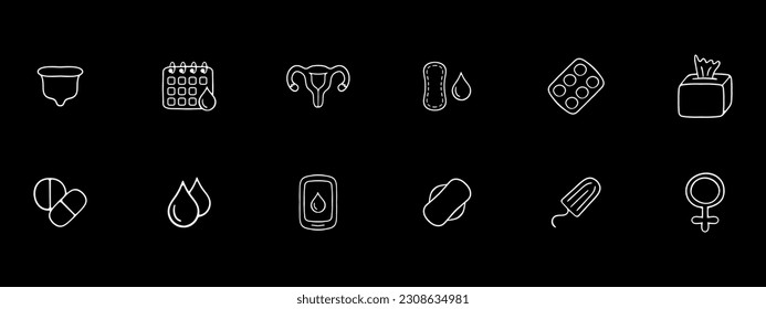 Menstruation icon set. Period products, menstrual cycle, cramps, pads, tampons, menstrual cup. Pain relief concept. Black color background. Vector 12 line icon