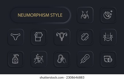 Menstruation icon set. Period products, menstrual cycle, pad, tampon, menstrual cup. Period pain concept. Neomorphism style. Vector line icon for Business