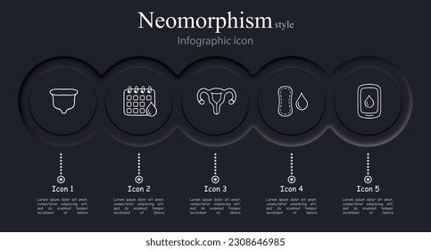 Menstruation icon set. Period products, menstrual cycle, cramps, pads, tampons, menstrual cup. Pain relief concept. Neomorphism style. Vector line icon for Business