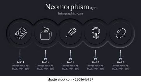 Menstruation icon set. Period products, menstrual cycle, cramps, pads, tampons, menstrual cup. Pain relief concept. Neomorphism style. Vector line icon for Business