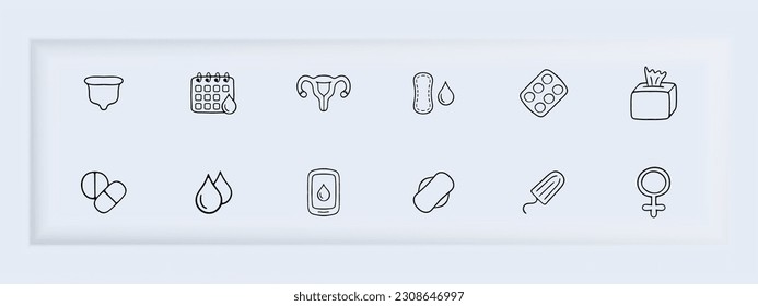 Menstruation icon set. Period products, menstrual cycle, cramps, pads, tampons, menstrual cup. Pain relief concept. Vector line icon for Business