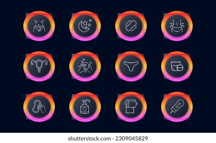 Menstruation icon set. Period products, menstrual cycle, pad, tampon, menstrual cup. Period pain concept. Vector line icon for Business