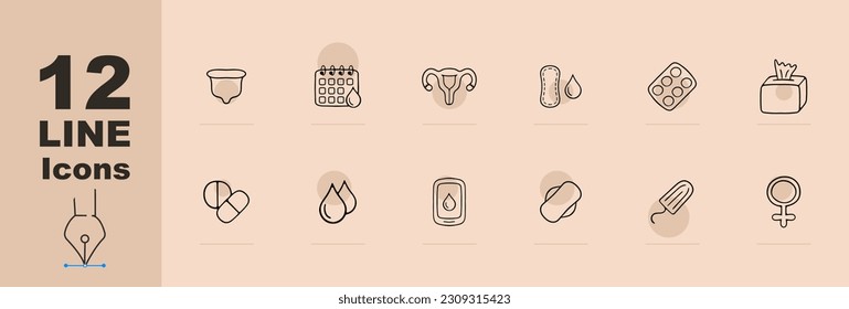 Menstruation icon set. Period products, menstrual cycle, pad, tampon, menstrual cup. Period pain concept. Pastel color background. Vector line icon for Business