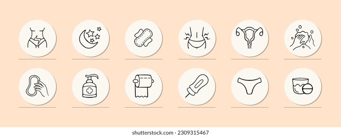 Menstruation icon set. Period products, menstrual cycle, pad, tampon, menstrual cup. Period pain concept. Pastel color background. Vector line icon for Business