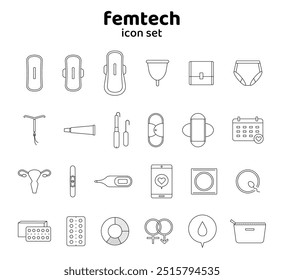 Menstruation icon set pregnancy contraception PMS femtech illustration line sanitary menstruation health Black and white