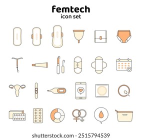 Menstruation icon set pregnancy contraception PMS femtech illustration line sanitary menstruation health orange