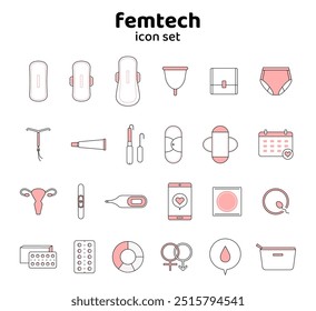 Menstruation icon set pregnancy contraception PMS femtech illustration line sanitary menstruation health pink