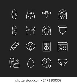 Menstruation icon set, white lines on black background. Women's menstrual cycle hygiene, health, symptoms. Pads, cups, other products. Customizable line thickness