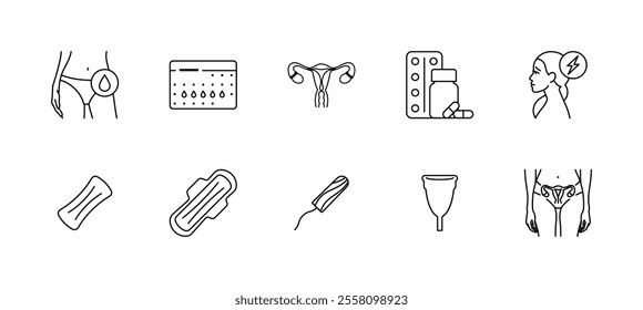 Menstruation icons. Line icon set related female period - female body anatomy, menstrual pain, headache, sanitary pad, cup, tampon. Linear illustration editable strokes.