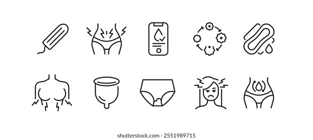 Menstruation icons. Set of 10 menstruation trendy minimal icons. Tampon, period pad, PMS symptoms, ovulation calendar icon. Design signs for web page, mobile app, packaging design. Vector illustration