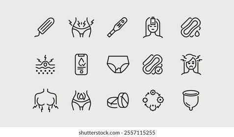 Menstruation icons. Set of 15 menstruation trendy minimal icons. Tampon, period pad, PMS symptoms, ovulation calendar icon. Design signs for web page, mobile app, packaging design. Vector illustration