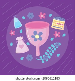 objetos menstruales en círculo y flores