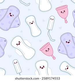 Menstruation items, supplies, woman hygeine kawaii illustrations seamless pattern, background. Cute simple pads, tampon and cup drawings.