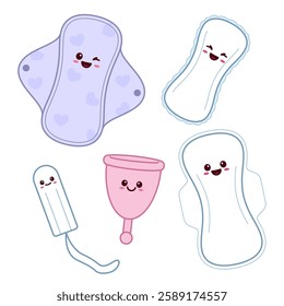 Menstruation items, supplies, woman hygeine kawaii illustrations. Cute simple pads, tampon and cup drawings.