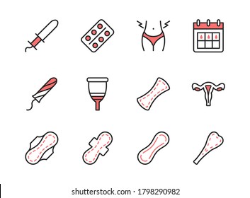 Menstruation line flat icon set. Can be used to illustrate feminine hygiene and health. Periods symbol red color