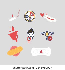Juego de iconos plano de línea de menstruación. Puede utilizarse para ilustrar la higiene y la salud. Símbolo de punto rojo