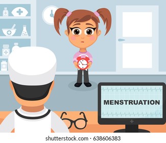 Menstruation medical concept. Vector illustration. Doctor and patient are talking in the hospital. Isolated on white background.