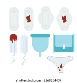  Menstruación. Caricatura vectorial plana moderna con tampones, toallas, útero y flores. Higiene femenina
