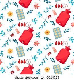 Patrón de menstruación botella de agua caliente, píldora, tampones, gotas de sangre con flores y ramas. El concepto del ciclo menstrual regular de una mujer. Periodo menstrual, síndrome premenstrual, vector