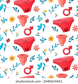 Patrón de menstruación de bragas, copa menstrual, signo de género con flores y ramas. El concepto del ciclo menstrual regular de una mujer. Periodo menstrual, síndrome premenstrual, vector