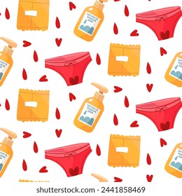 Menstruation pattern women's underpants, pads, hygienic soap. The theme of menstruation, the concept of a woman's regular menstrual cycle. The menstrual period. Women's pink underwear with hearts