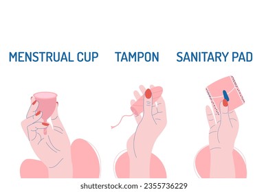 Menstruation period background. Hands hold sanitary pad tampon menstrual cup with inscriptions