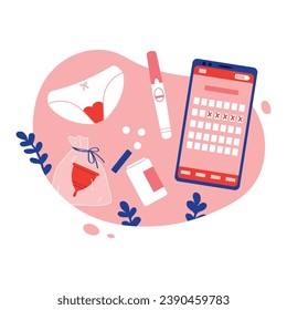 Menstruation period composition with calendar on smartphone, menstrual cup, pills. Flat vector illustration