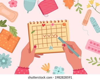 Menstruation period. Female menstrual cycle, calendar of woman health. Vaginal sanitary elements, cartoon girls hygiene exact vector background