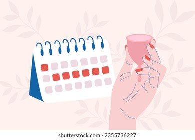 Menstruation period flat design background. Hand holding  a menstrual cup