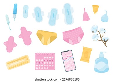 Menstruation period hygiene flat set of isolated icons with calendar app painkiller pills panties and pads vector illustration