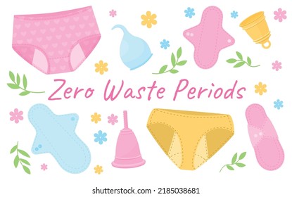 Menstruation period hygiene flat set with isolated icons of feminine pads menstrual cups panties and text vector illustration