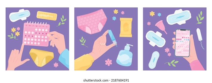 Menstruation period hygiene flat set with three square compositions of flowers feminine pads and calendar marks vector illustration