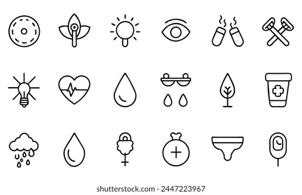 Menstruation period and menses concept editable stroke outline icons set isolated on white background flat vector illustration. Pixel perfect. 64 x 64