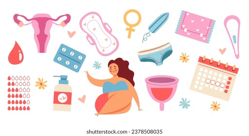 Menstruation period menstrual woman sanitary protection isolated set. Vector flat graphic design illustration