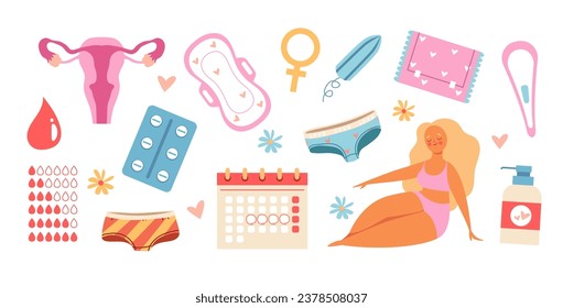 Menstruation period menstrual woman sanitary protection isolated set. Vector flat graphic design illustration