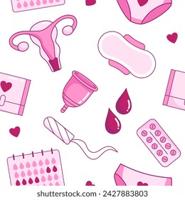 Menstruación, períodos, accesorios de ciclo y objetos patrón sin fisuras, fondo. Ilustraciones de higiene femenina. Almohadillas, tampón, copa menstrual, dibujos de garabatos de dibujos animados de sangre e iconos