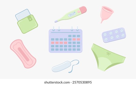 Menstruation, periods, cycle accessories and objects. Woman hygiene illustrations. Pads, tampon, menstrual cup, blood cartoon doodle drawings and icons