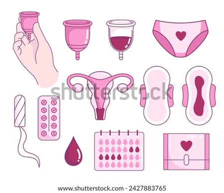 Menstruation, periods, cycle accessories and objects. Woman hygiene illustrations. Pads, tampon, menstrual cup, blood cartoon doodle drawings and icons