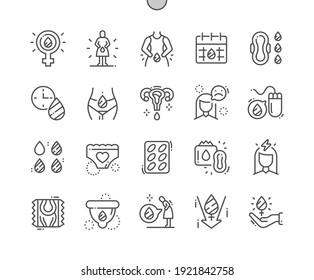 Menstruation. Personal hygiene. Menstrual cup. Emotional shifts. Woman, girl, feminine and intimate. Health care. Pixel Perfect Vector Thin Line Icons. Simple Minimal Pictogram