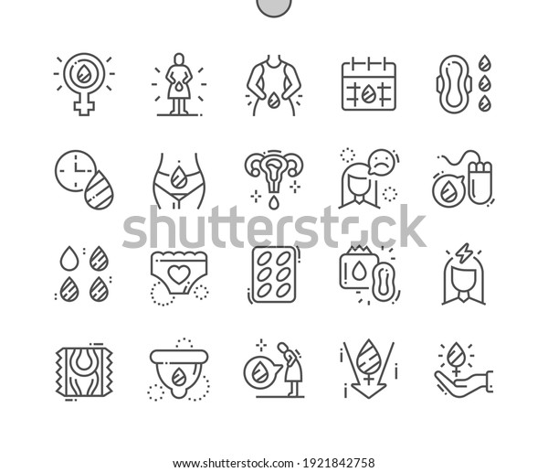 Menstruation. Personal\
hygiene. Menstrual cup. Emotional shifts. Woman, girl, feminine and\
intimate. Health care. Pixel Perfect Vector Thin Line Icons. Simple\
Minimal\
Pictogram