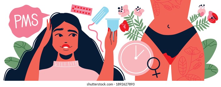 Menstruation pms woman composition with images of girl body with thought bubble and female sanitary supplies vector illustration