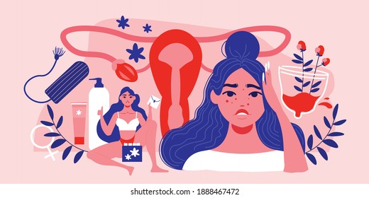 Menstruation pms woman horizontal composition with bothered girl character menstrual cup and vaginal pack with womb vector illustration