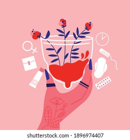 Menstruation pms woman square composition with hand holding menstrual cap with flowers and sanitary product icons vector illustration