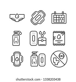 Menstruation, Sanitary Napkin, Sanitary Pad And Feminine Wash Or Lady Soap Icons Set. Stroke Outline Style. Vector. Isolate On White Background.