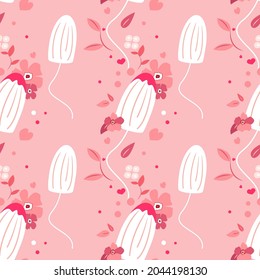 Menstruation Seamless edndless pattern Template.Sanitary tampon with menstrual blood on tube and attached string,applicator.Hygiene item for females during menstruation period.Flat vector illustration
