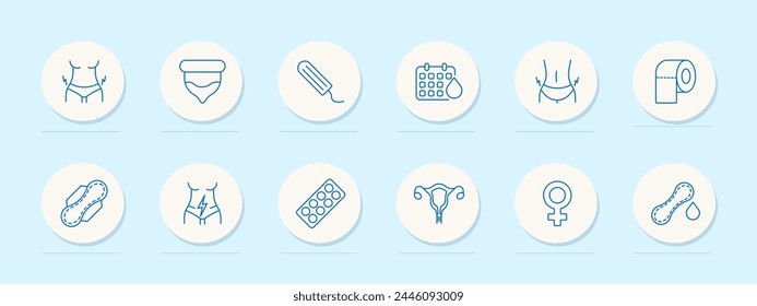 Menstruation set icon. Condom, tampon, pad, pack of female gender pills, calendar, blood, lightning, female reproductive organ, toilet paper. Self care concept. Vector line icon.