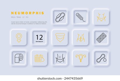 Icono de menstruación. Condón, tampón, almohadilla, paquete de píldoras de género femenino, calendario, sangre, rayo, órgano reproductor femenino, papel higiénico. Concepto de autocuidado. Estilo neomorfista.