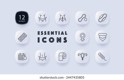 Icono de menstruación. Condón, tampón, almohadilla, paquete de píldoras de género femenino, calendario, sangre, rayo, órgano reproductor femenino, papel higiénico. Concepto de autocuidado. Estilo neomorfista.